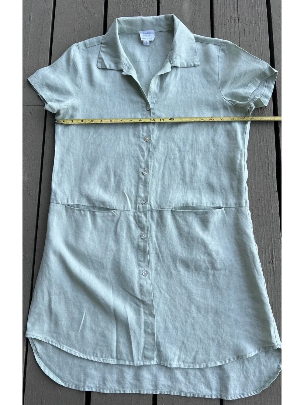 Sigrid Olsen Short Sleeves Linen Dress size Small Light Sage Green Front Pockets